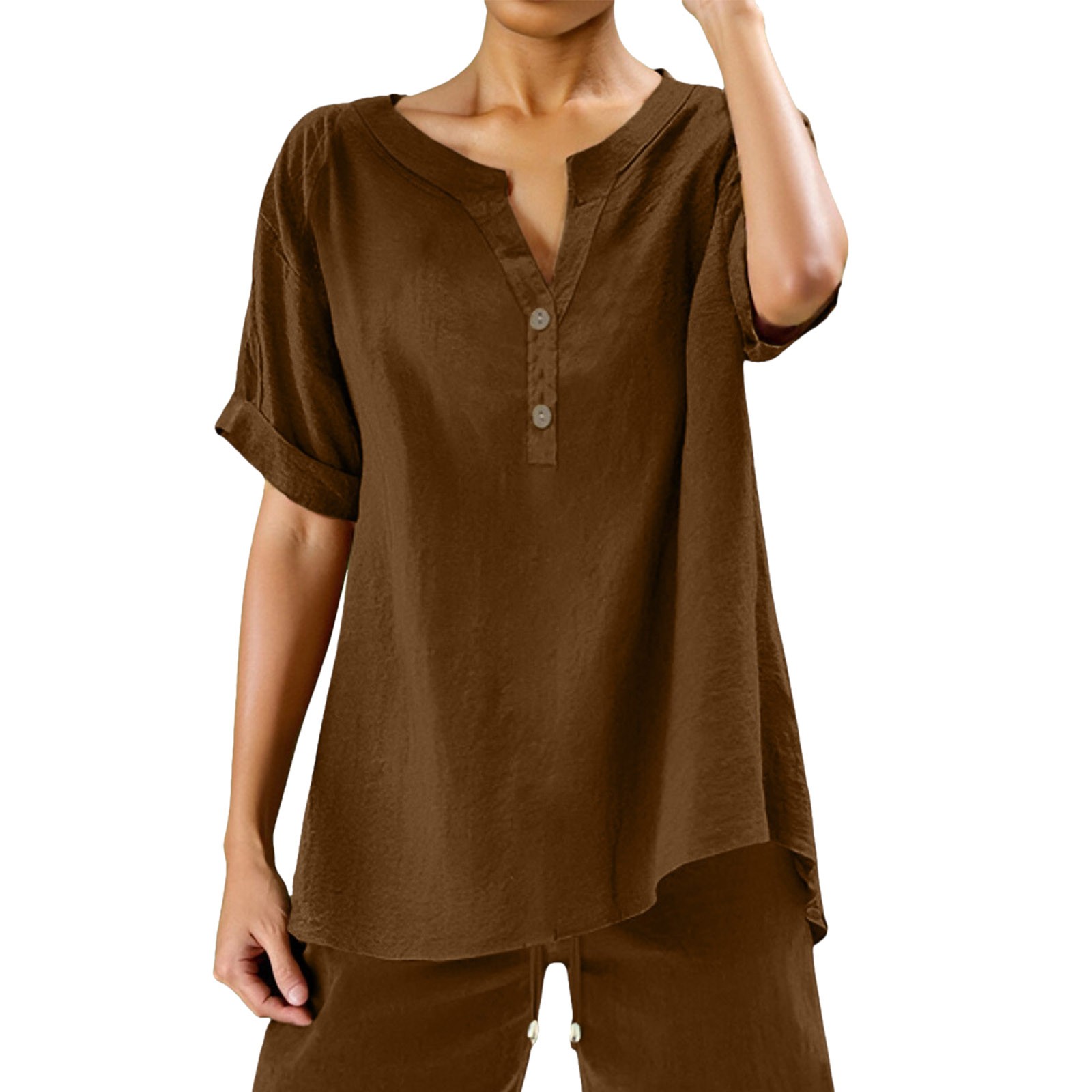 thumbnail image 2 of Blusa holgada con botones para mujer: manga corta, cuello en V, color liso, camisa informal para uso diario/trabajo, tallas S/XXXXXL., 2 of 4